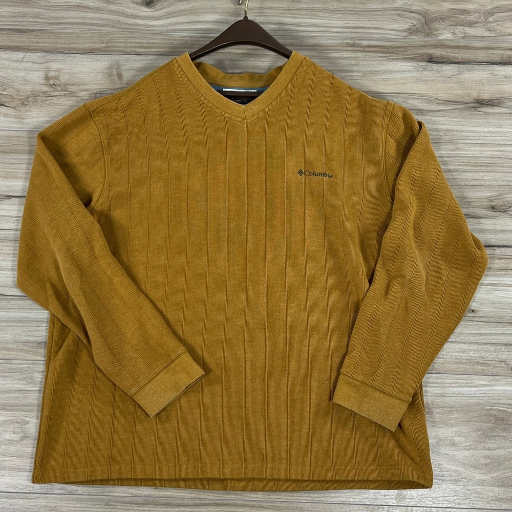 Columbia Mens XL Mustard Yellow V Neck Ribbed Pullover Sweater AM6995 READ